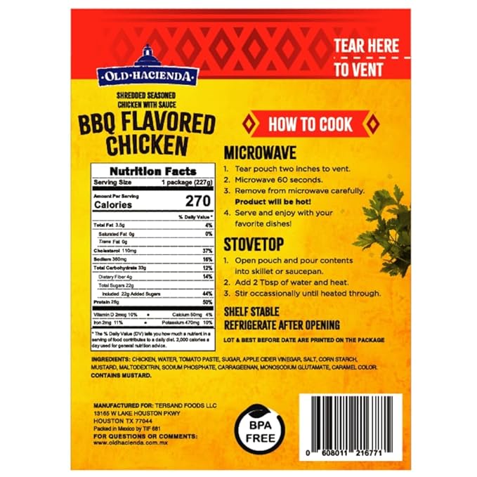 Old Hacienda BBQ Flavored Chicken | 100% Shredded Seasoned Chicken with Sauce | Fully Cooked &