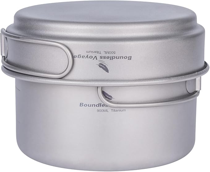 iBasingo Titanium Pot Pan Set with Folding Handle - Ultralight Portable Outdoor Cookware Mess Kit
