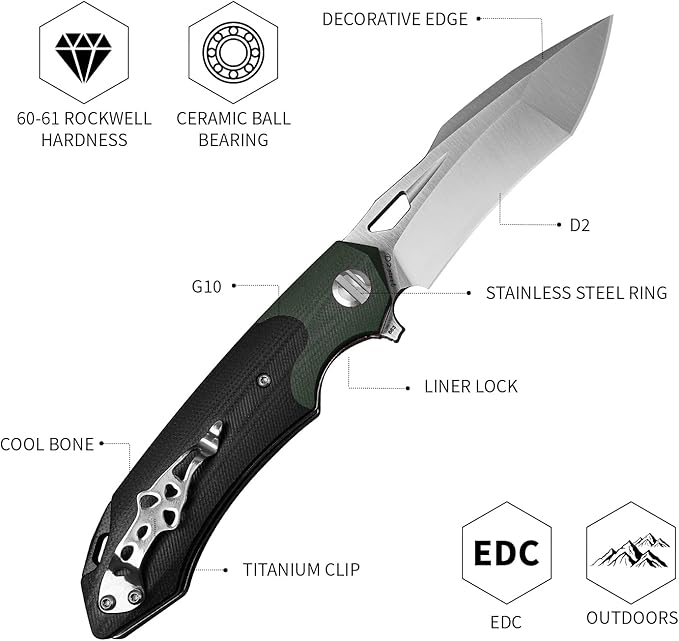 D2 Steel G10 Handle Folding Knife, Suitable for Outdoor Tactical Knife EDC, Survival, Climbing