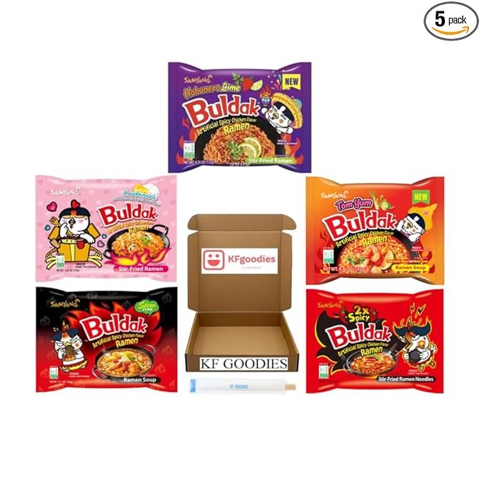 KF GOODIES Korean Ramen Variety Pack Gift Box (5 Count) – Spicy Buldak Noodle Assortment for