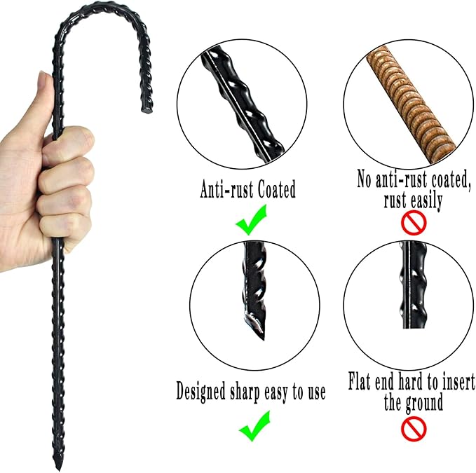 12 Inch Rebar Stakes Heavy Duty J Hook, Coated Steel Ground Stakes Tent Stakes Ground Anchors for