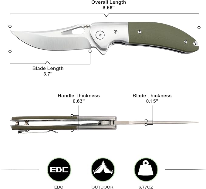 Pocket Knife with Clip, 3.7" 14C28N Blade EDC Folding Knife with Green G10 Handle, Outdoor Camping