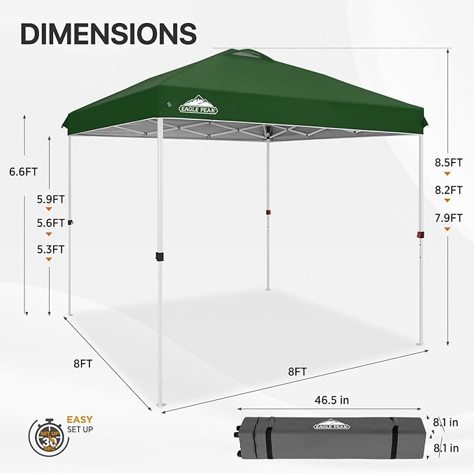 EAGLE PEAK Pop Up Canopy Tent with Wheeled Carry Bag, 8 Stakes, 4 Ropes, Easy Set Up Tent Canopy