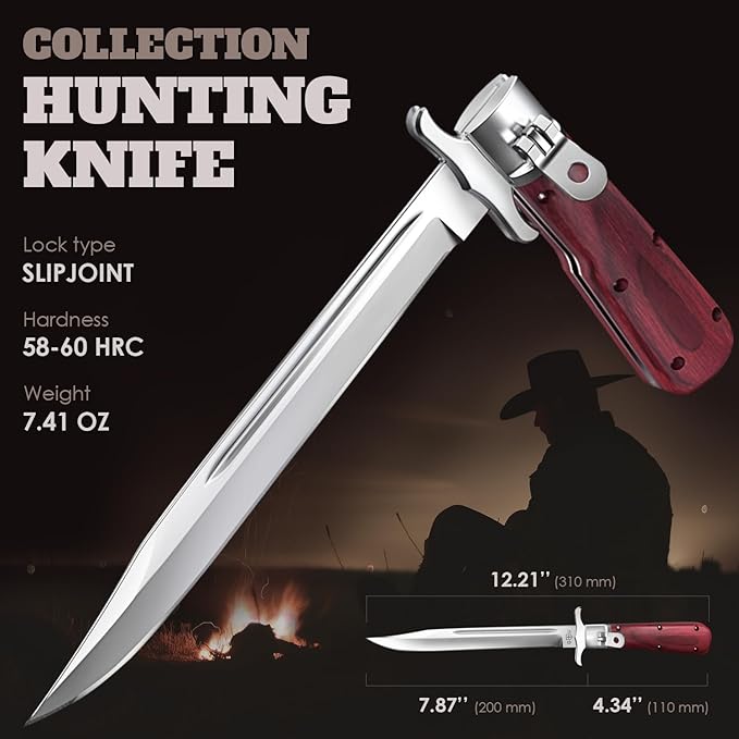 Grand Way 12.2" Retro Folding Knife with Wood Handle & Leather Sheath - 7.8" Long Foldable Sharp