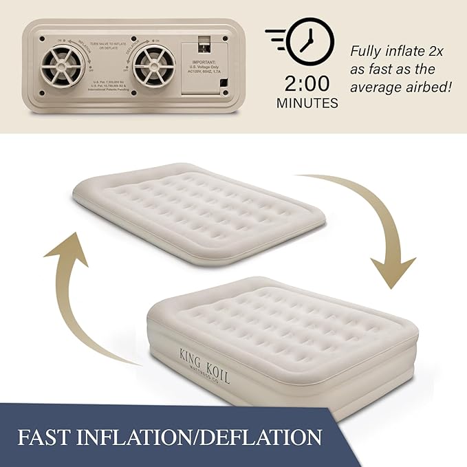 King Koil Luxury Air Mattress 20in Full Size Beige with Built-in Pump for Home, Camping &