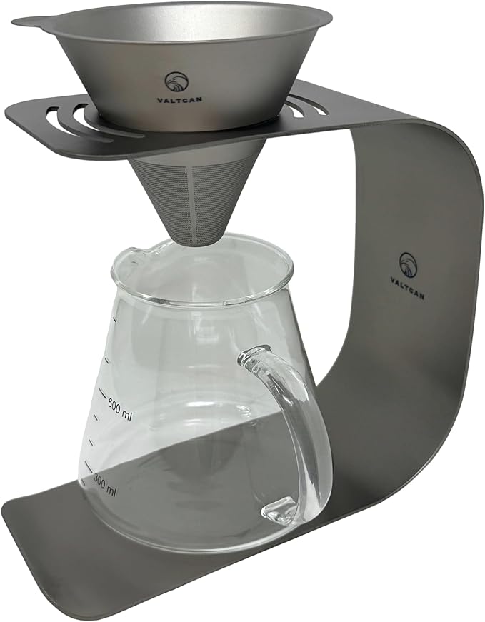 Valtcan Titanium Pour Over Coffee Maker Set – Reusable Metal Filter, Cone Dripper, Mug Stand