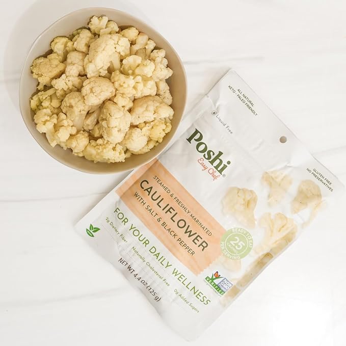 POSHI Marinated Cauliflower Florets with Salt + Black Pepper Natural, Keto, Vegan, Non GMO, Low
