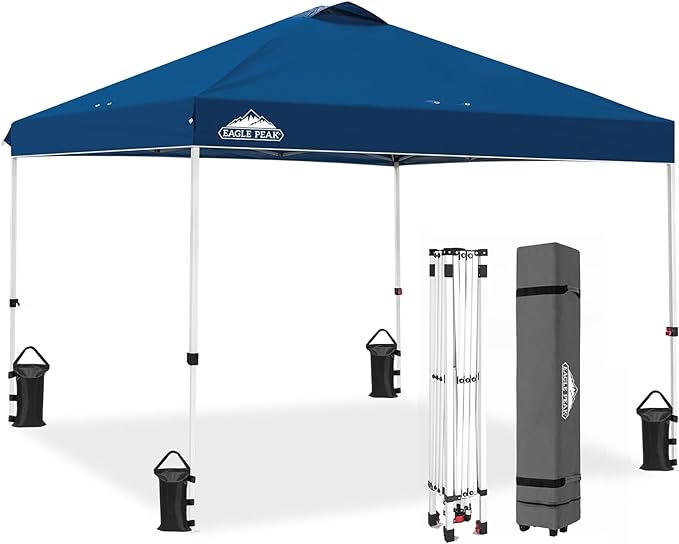 EAGLE PEAK Pop Up Canopy Tent with Wheeled Carry Bag, 8 Stakes, 4 Ropes, 4 Weight Bags, Easy Set Up