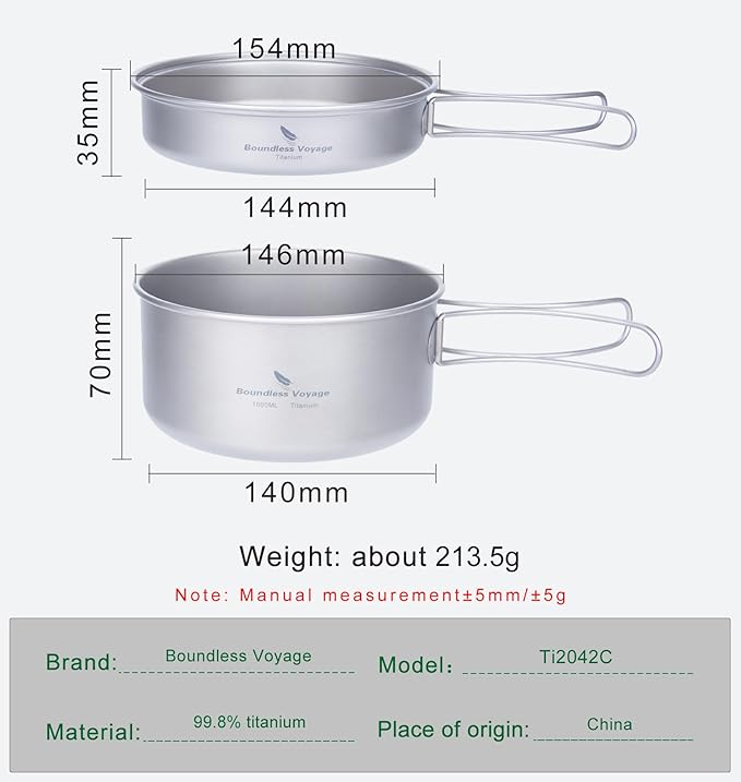 Boundless Voyage Outdoor Titanium Pot with Pan Set with Collapsible Folding Handle for Outdoor