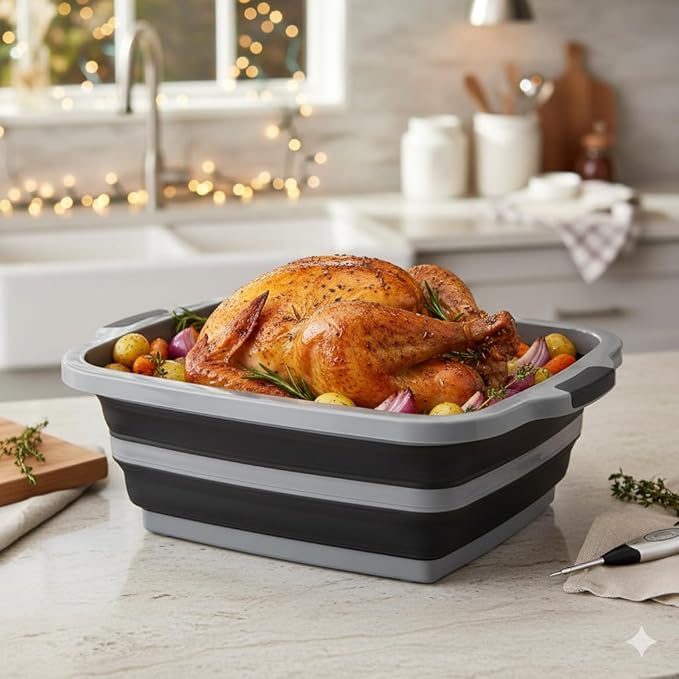 Collapsible X-Large (16L) BBQ Marinating Tub w/Cutting Board | Multipurpose Food-Grade TPE Prep Tub