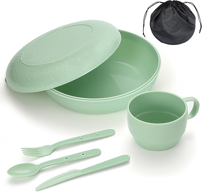 HOMQUEN 6-Piece Camping Mess Kit with Bowl, Plate, Cup, Spoon, Fork, Knife and Carry Bag, Plastic