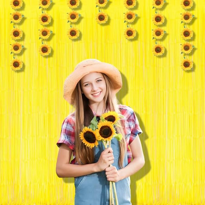BRAVESHINE Foil Fringe Curtain Backdrop - 2 Pack Yellow Tinsel Photo Booth Backdrop Party Streamers