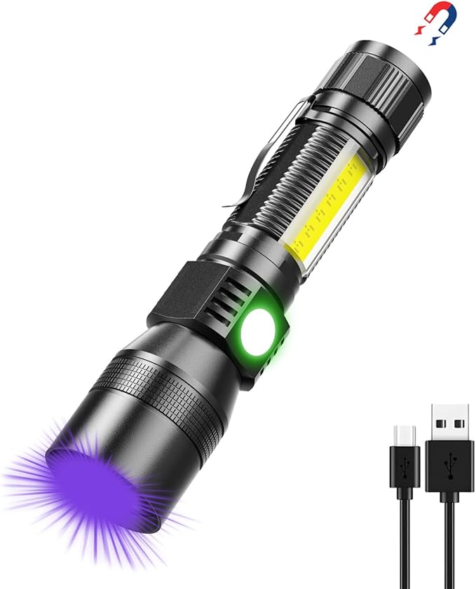 UV Flashlight Black Light, USB Rechargeable Flashlight with Magnetic Base - High Light, Side Light