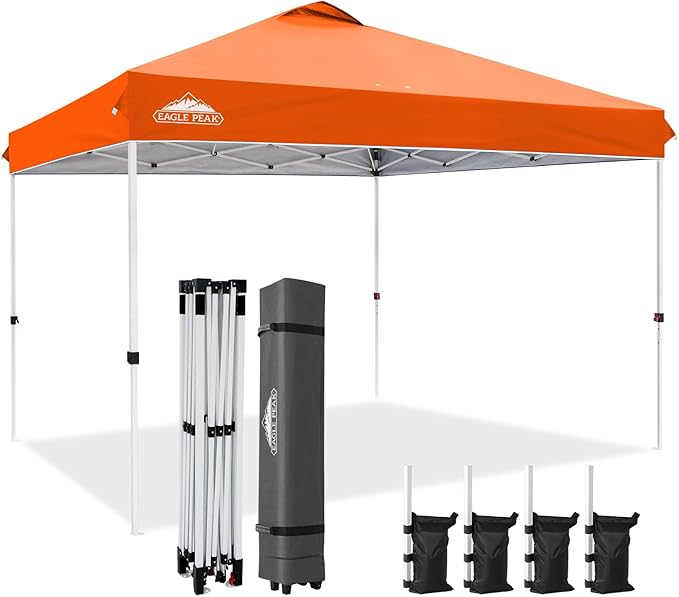 EAGLE PEAK Pop Up Canopy Tent with Wheeled Carry Bag, 8 Stakes, 4 Ropes, 4 Weight Bags, Easy Set Up