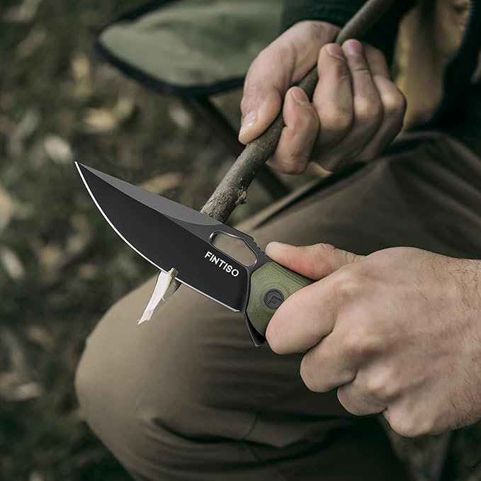 FINTISO Pocket Knife 3.38" Folding Knife Premium 14C28N Blade with G10 Handle, Camping Survival