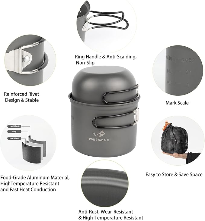 Camping Cookware Mess Kit, 17 pcs Backpacking Cooking Gear, Lightweight Camping Pots and Stove Set