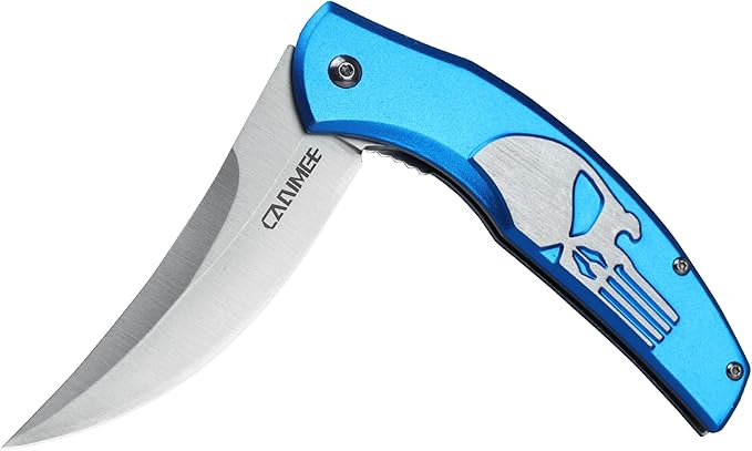 Tactical Folding Knife with upswept 440C High Carbon Stainless Steel Blade, Blue Aluminum Handle