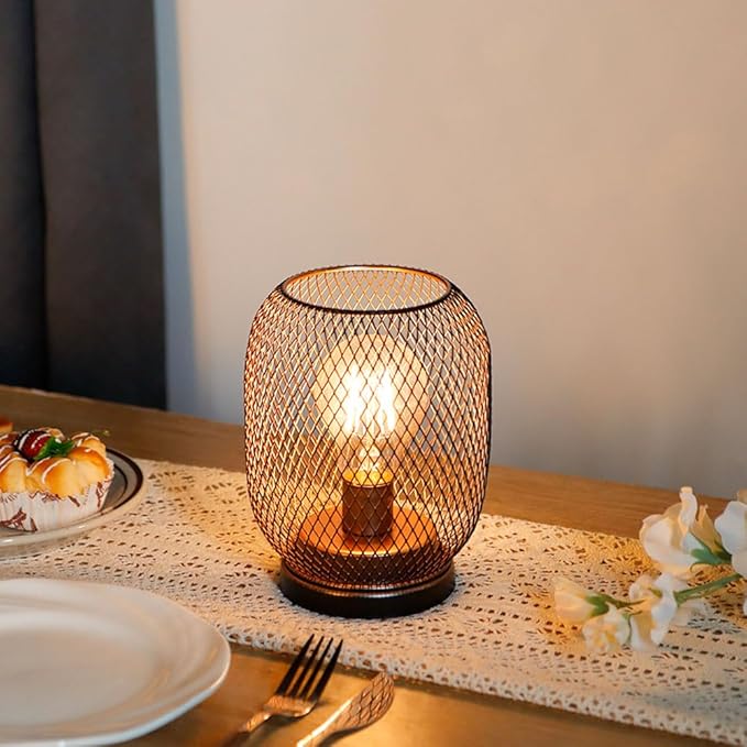 TRIROCKS Set of 2 Battery Operated Lamp LED Table Lantern, Metal Cage Cordless Lamps with LED Bulb