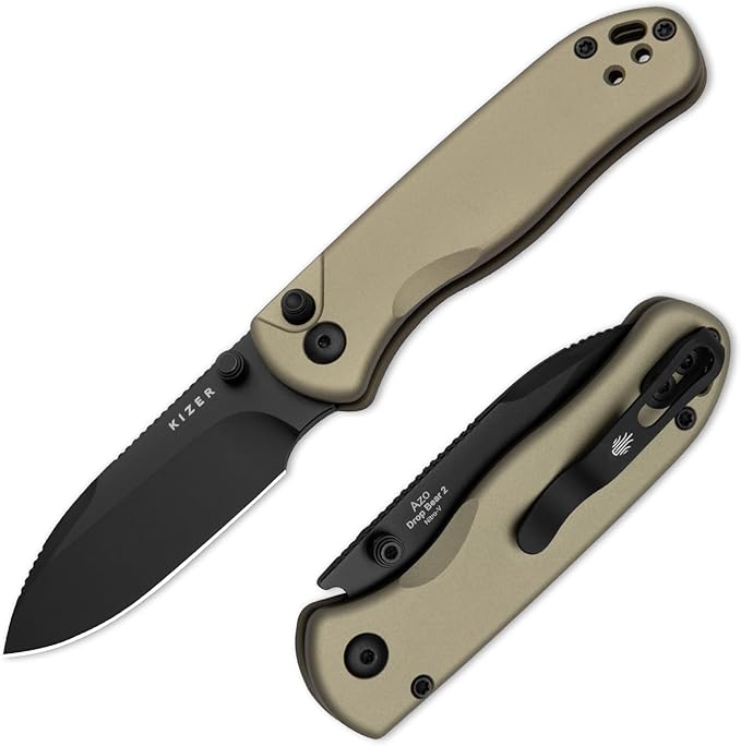 Kizer Drop Bear 2 Pocket Knife, 2.92" Nitro-V Drop Point Blade Folding Knife with Tan Aluminum