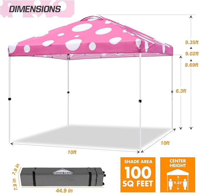 EAGLE PEAK Pop Up Canopy Tent with Wheeled Carry Bag, 8 Stakes, 4 Ropes, 4 Weight Bags, Easy Set Up