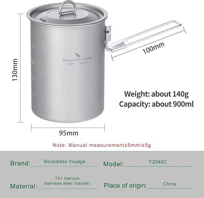 iBasingo 900ml Titanium Camping Cup with Lid Lightweight Portable Camping Pot for Backpacking