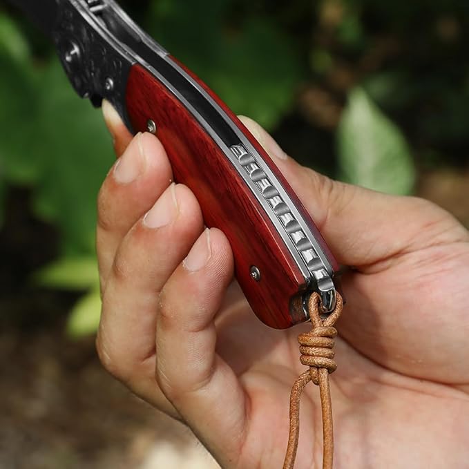 Damascus Steel Folding Pocket Knife with VG10 Core, Wooden Handle & Leather Sheath, Outdoor Knife