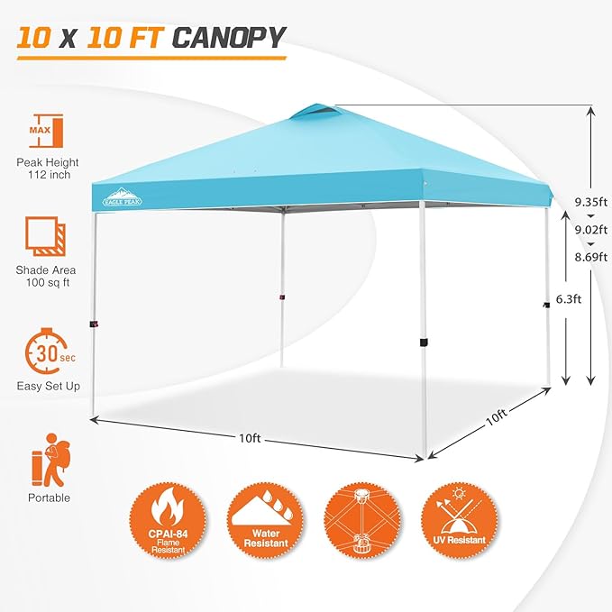 EAGLE PEAK Pop Up Canopy Tent with Wheeled Carry Bag, 8 Stakes, 4 Ropes, 4 Weight Bags, Easy Set Up