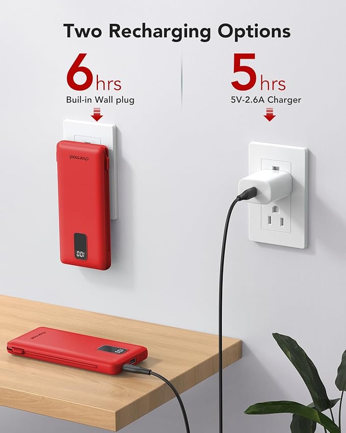 charmast Portable Charger with Built-in Cables and Plug, 10000mAh USB C Power Bank Fast Charging