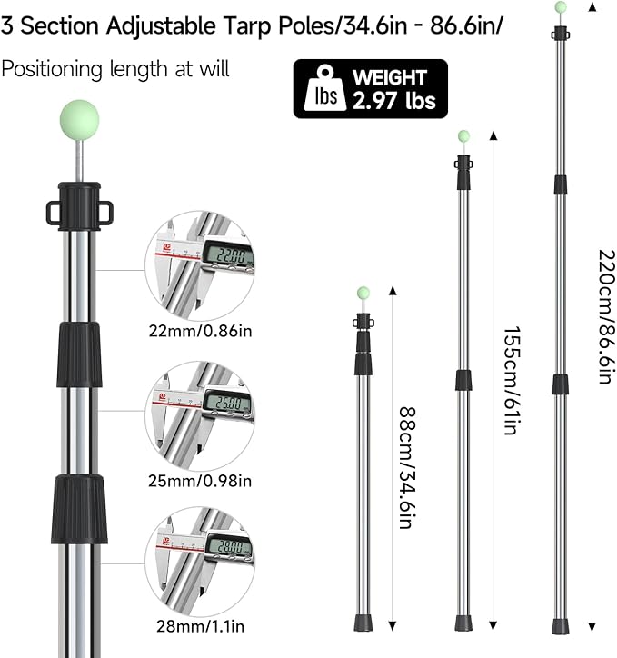 SANLIKE Telescoping Tarp Pole Heavy Duty Tent Poles, 33"-86.6"/94" Thickened Tube Collapsible
