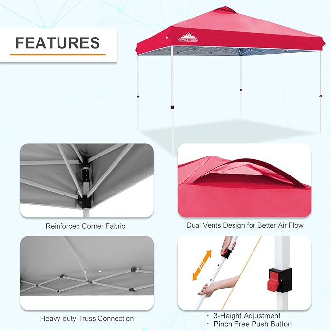 EAGLE PEAK Pop Up Canopy Tent with Wheeled Carry Bag, 8 Stakes, 4 Ropes, 4 Weight Bags, Easy Set Up