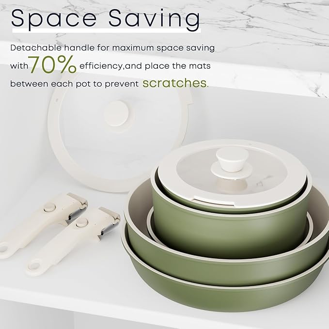 Caannasweis Detachable Nonstick Cookware Set - Stackable Induction Pots and Pans With Removable