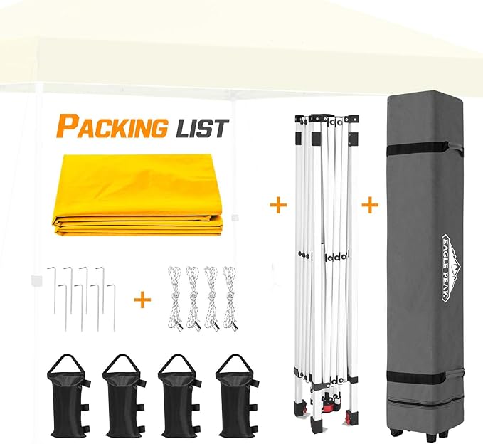 EAGLE PEAK Pop Up Canopy Tent with Wheeled Carry Bag, 8 Stakes, 4 Ropes, 4 Weight Bags, Easy Set Up