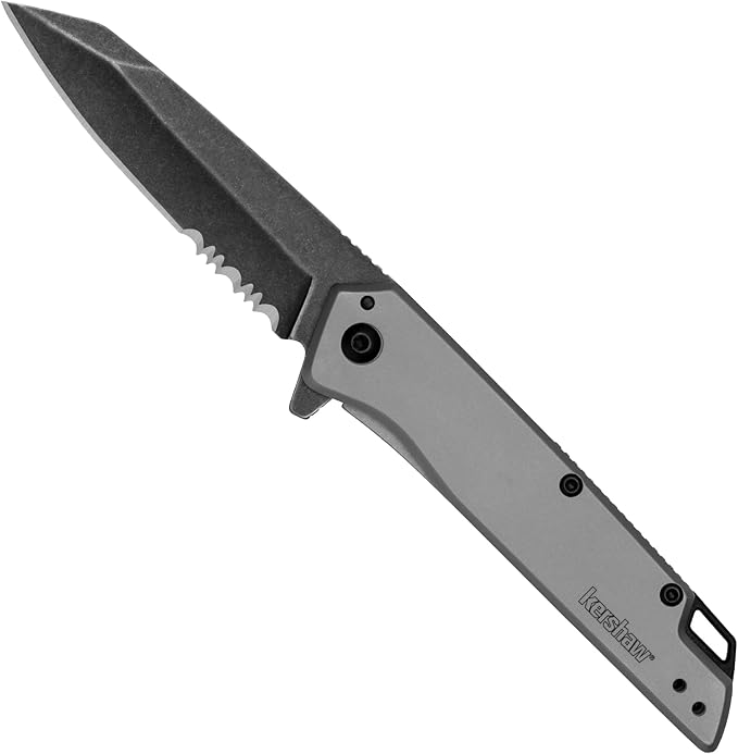 Kershaw Grid Folding Pocket Knife, 3.7 inch Black Serrated Blade, Steel Handle, Pocketclip &