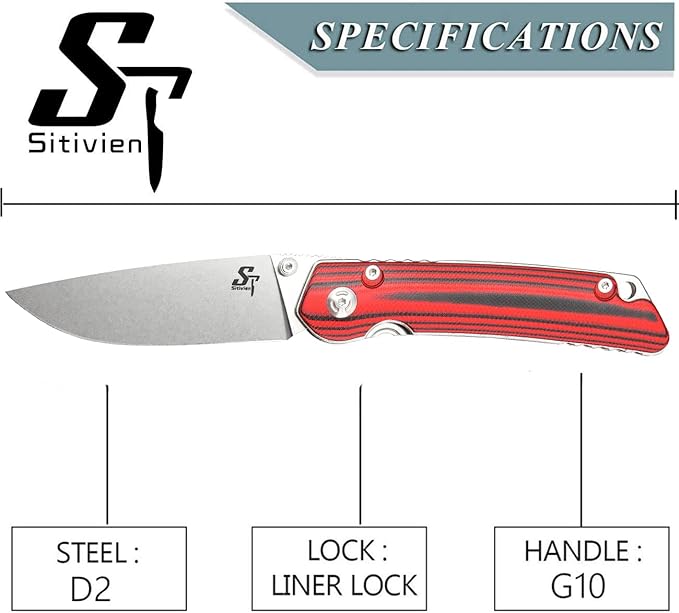 Sitivien ST128 Folding Knife,D2 Blade G10 Handle Safety Liner Lock EDC Tool Knife for Outdoor