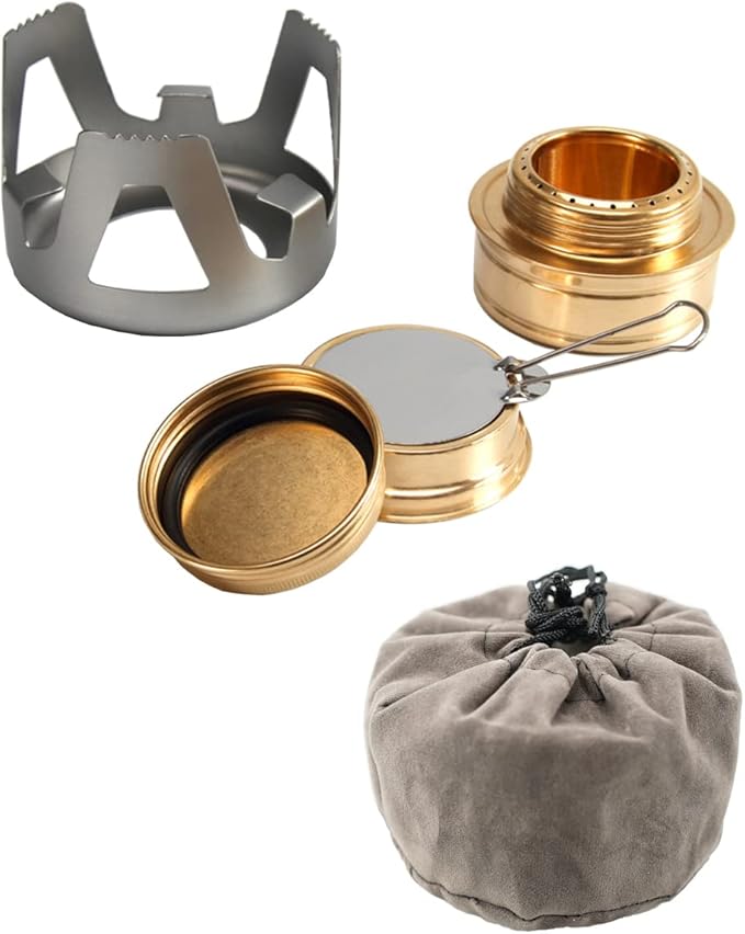 Mini Alcohol Backpacking Stove, Lightweight Brass Spirit Burner with Aluminium Stand for Camping
