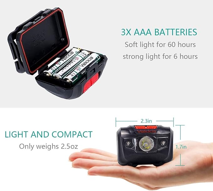 Vekkia Ultra Bright LED Headlamp-5 Lighting Modes,White & Red LEDs Head Lamp, Camping Accessories