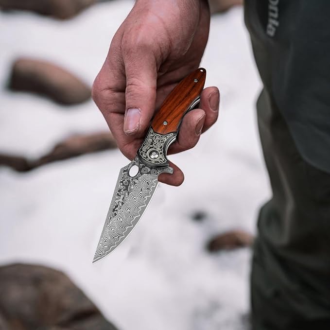 Damascus Pocket Knife, 3.3" Damascus Blade Wooden Handle EDC Pocket Knives & Folding Knives for Men