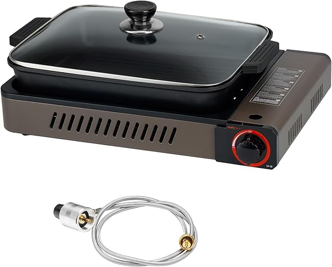 ONLYFIRE Butane Stove with Grill Pan, Portable Stove with Small Griddle & Lid, Camping Stove