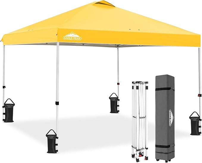 EAGLE PEAK Pop Up Canopy Tent with Wheeled Carry Bag, 8 Stakes, 4 Ropes, 4 Weight Bags, Easy Set Up