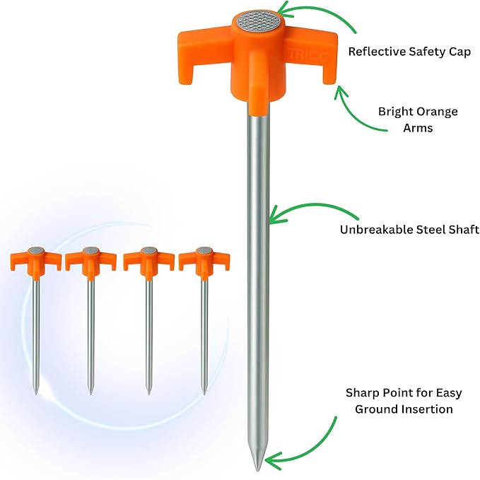 Tricc Unbreakable Heavy Duty Steel Tent/Canopy Stakes, Galvanized Non-Rust 10" Three Pegged Solid