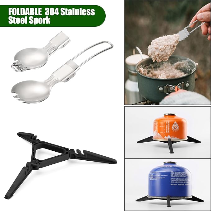 Odoland 8pcs Camping Cookware Mess Kit, Camping Pot and Pan Set with Mini Backpacking Stove