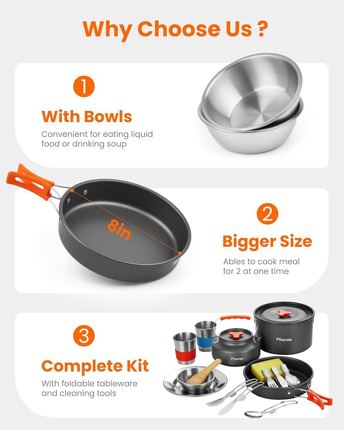 22Pcs Camping Cookware Mess Kit for 2, Lightweight Camping Kitchen Pots and Pans Set, Portable