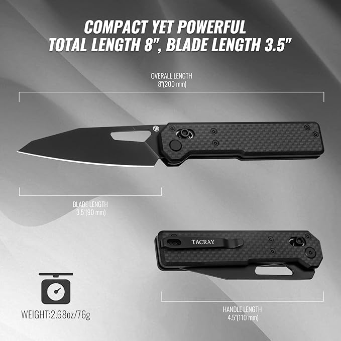 Tarcus Folding Pocket Knife, 3.5" D2 Steel DLC Blade Carbon Fiber Overlay Handle, Lightweight EDC
