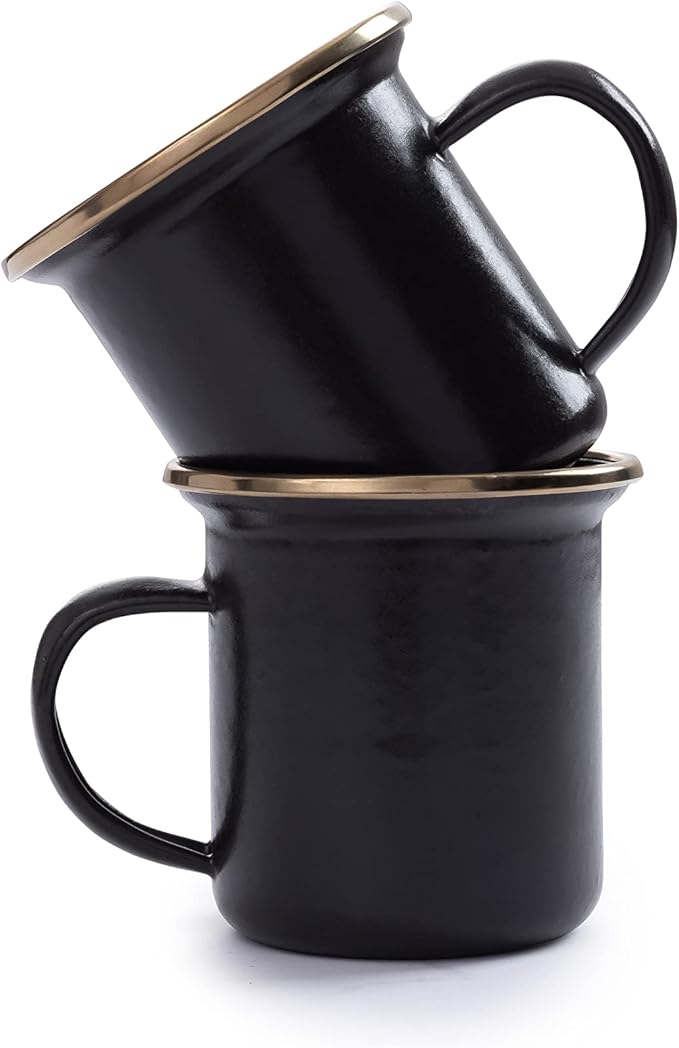 Barebones 5-Ounce Enamel Espresso Cup Set of 2 - Small Coffee Mug and Tea Cup - Stainless Steel Rim