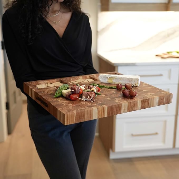 EcoDecors FSC Certified Solid Teak Cutting Board 20x15, Reversible End Grain Wood Board with 3