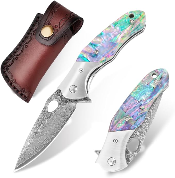 Cottonbell Damascus Pocket Knife Unique Rainbow Abalone Shell Handle Damascus Folding Knife, with