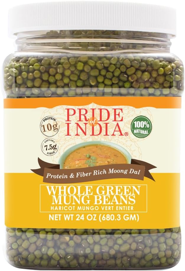 Pride Of India - Indian Whole Green Mung Gram - Protein & Fiber Rich Moong Whole, 1.5 Pound Jar