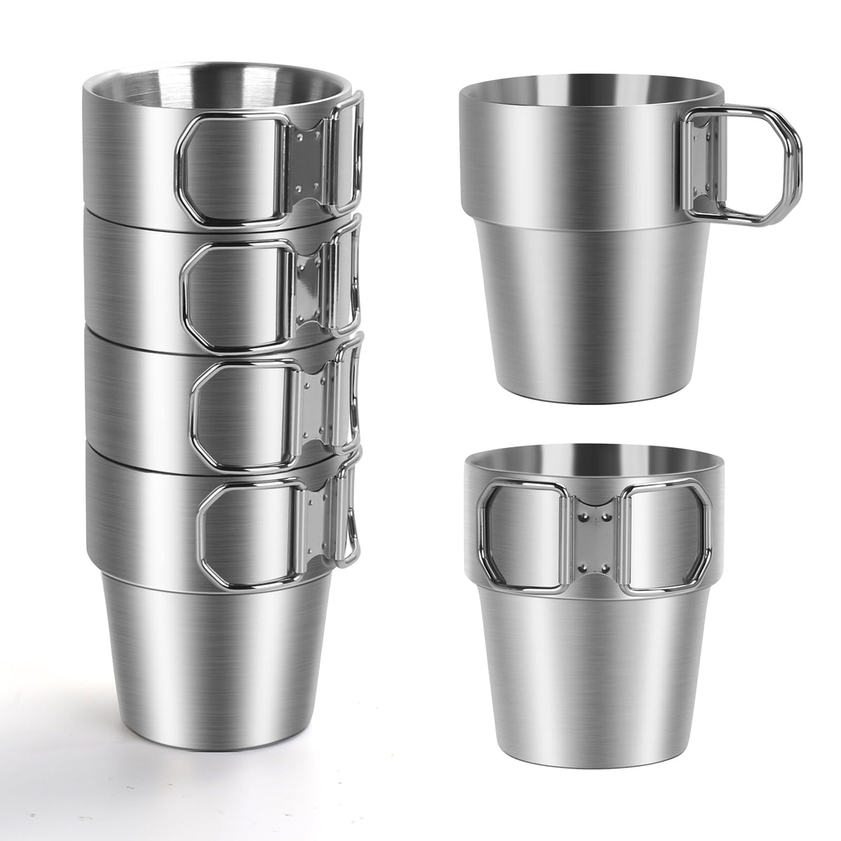 Ftabernam 4-Pack Stainless Steel Camping Cups with Foldable Handle, 10 oz Camping Coffee Mugs with