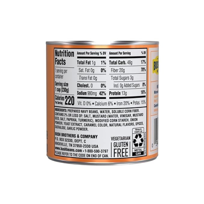 BUSH'S BEST 8.1 oz Canned Zero Sugar Added Baked Beans, Source of Plant Based Protein and Fiber