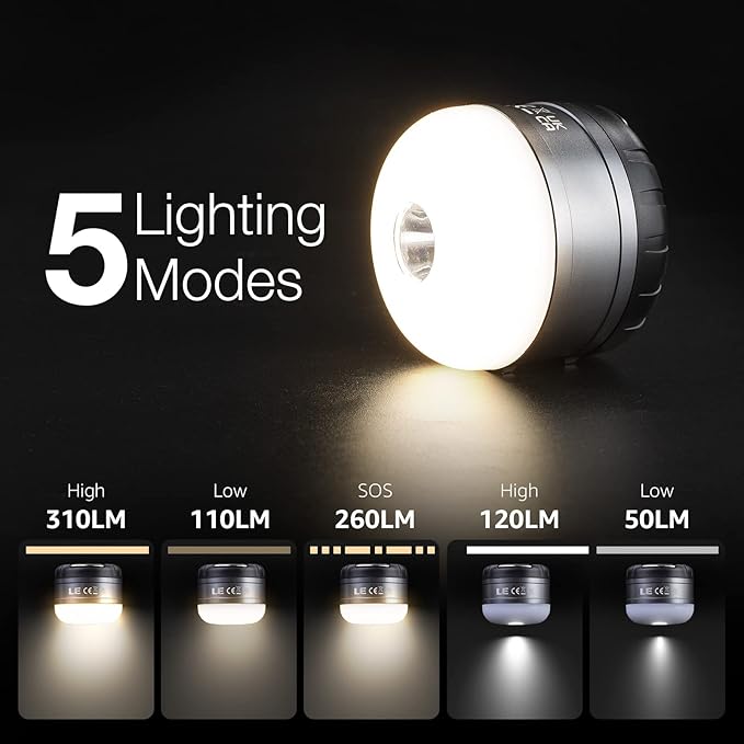 LE LED Camping Lantern Rechargeable, 310LM, 5 Light Modes, Power Bank, Waterproof, Mini Flashlight